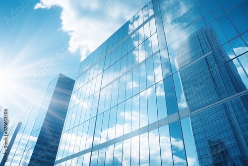 Reflective skyscrapers  business office buildings. Low angle photography of glass curtain wall details of high-rise buildings.The window glass reflects the blue sky and white clouds. . High quality