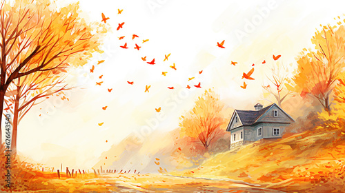 Autumn background with falling leaves in front of a wooden house. selective focus.  photo