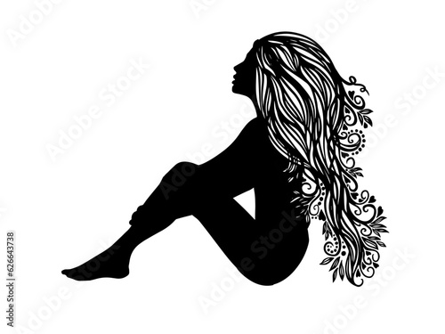 The silhouette of a beautiful girl with long hair in profile sits . Vector illustration