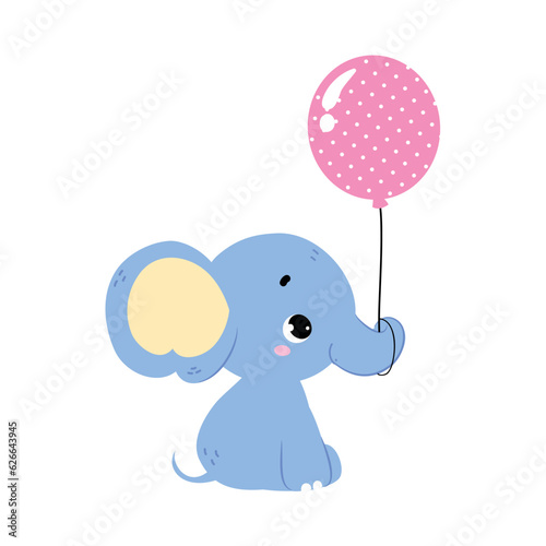 Cute Baby Elephant Character with Trunk Sitting with Balloon Vector Illustration