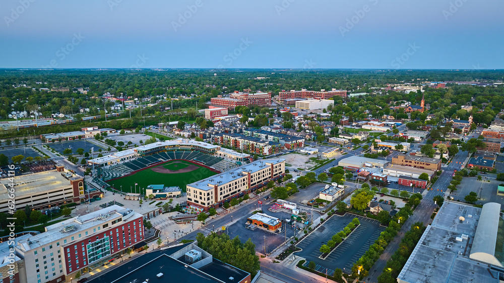 Aerial baseball diamond Fort Wayne Tin Caps Parkview Field cityscape city, town, and train