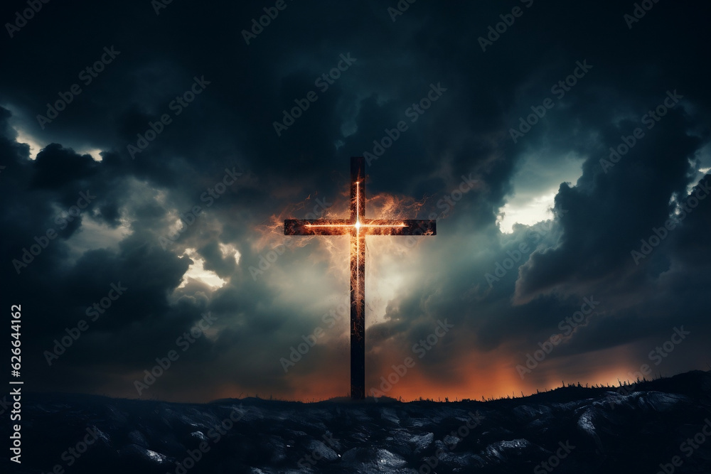 Obraz premium Low angle view of a glowing cross against a dark dramatic sky