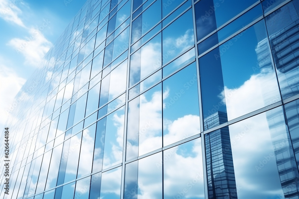 Reflective skyscrapers, business office buildings. Low angle photography of glass curtain wall details of high-rise buildings.The window glass reflects the blue sky and white clouds. . High quality