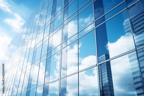 Reflective skyscrapers, business office buildings. Low angle photography of glass curtain wall details of high-rise buildings.The window glass reflects the blue sky and white clouds. . High quality © Starmarpro