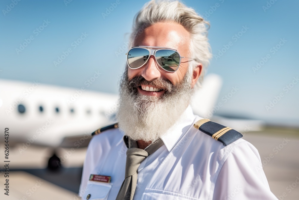Senior pilot with sunglasses in uniform, portrait of happy bearded man, captain of commercial jet airplane, standing at airport ready for corporate airline flight Senior pilot with sunglasses in uniform, portrait of happy bearded man, captain of commercial jet airplane, standing at airport ready for corporate airline flight