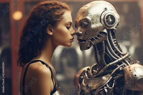Futuristic love story of a woman kissing robot, romantic couple in a digital world, exploring AI and human relationship