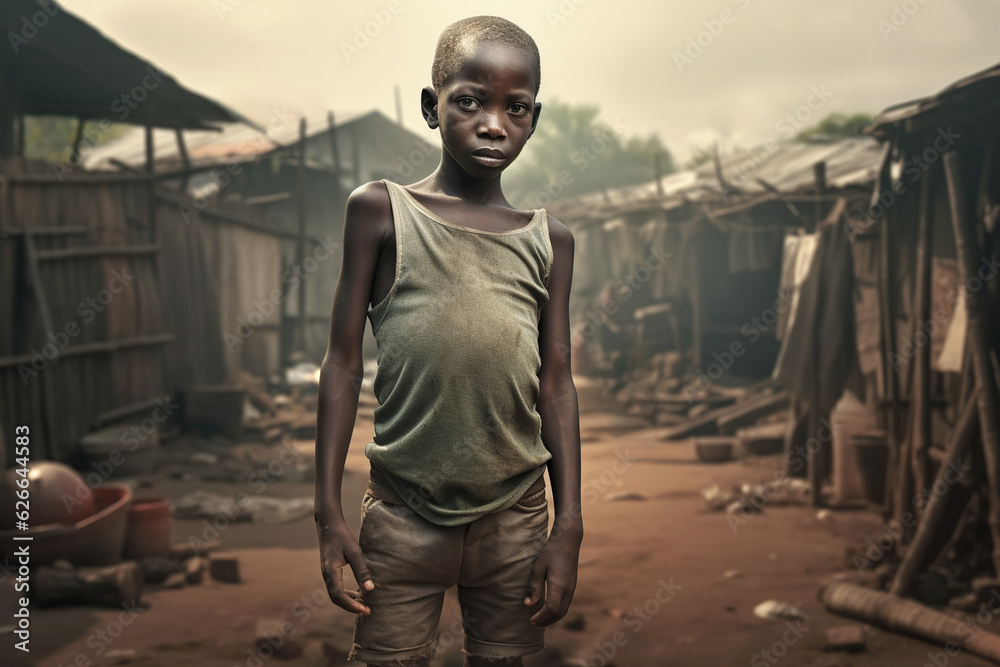 Portrait of little kid, dirty boy standing in poor african village, concept of hunger