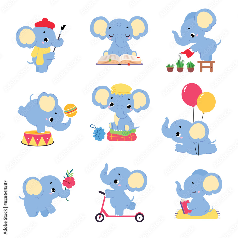 Naklejka premium Cute Baby Elephant Character with Trunk Engaged in Different Activity Vector Set