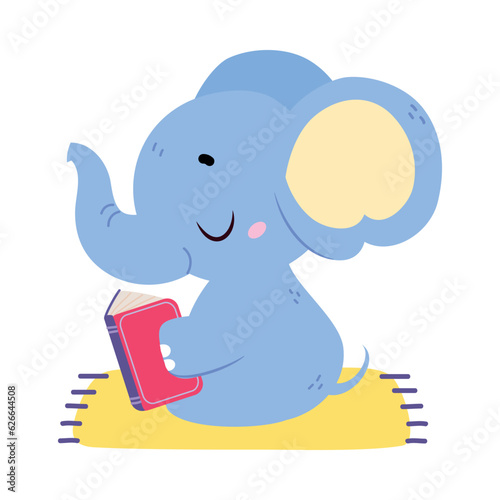 Cute Baby Elephant Character with Trunk Reading Book Vector Illustration