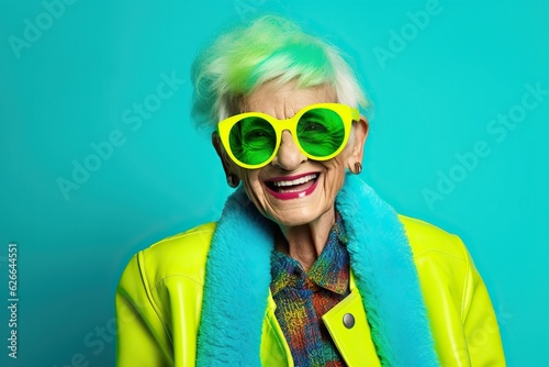 Happy senior woman in colorful neon outfit, funny sunglasses and extravagant sty Fototapet