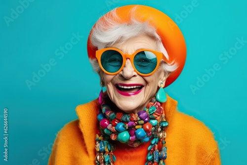 Happy senior woman in colorful neon outfit, funny sunglasses and extravagant style, laughing and smiling, trendy grandma posing in studio photo