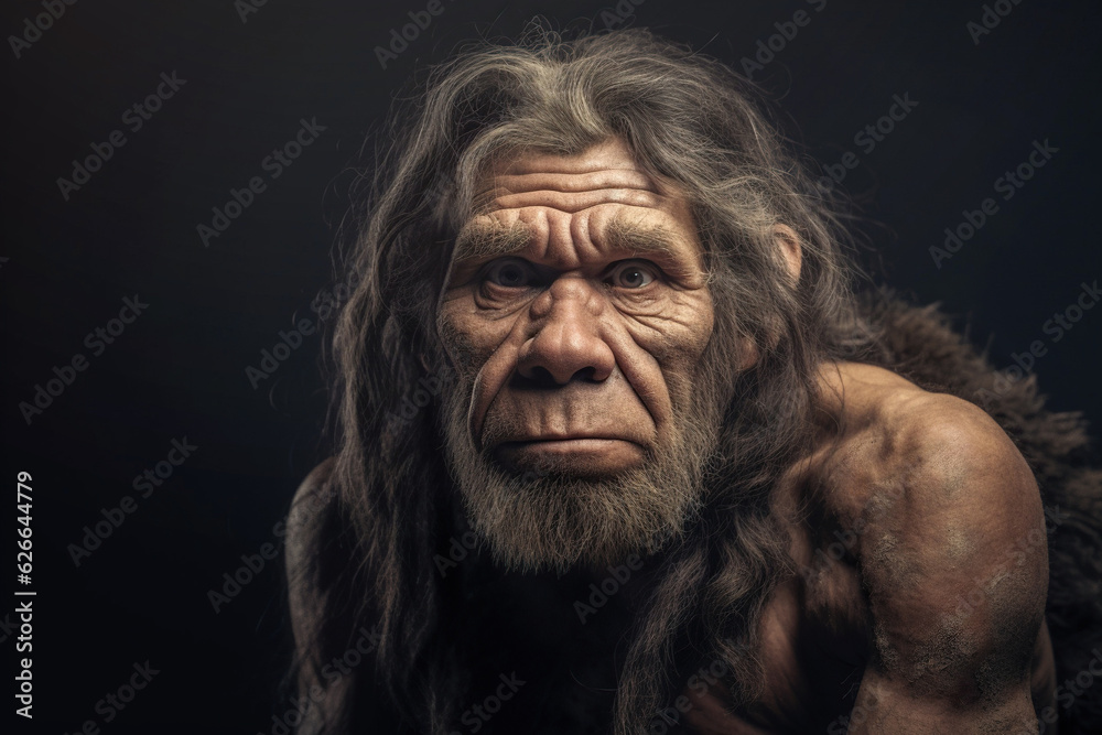 Portrait of a neanderthal man, prehistoric human, tribal caveman in a dark cave, hunter from prehistory era - obrazy, fototapety, plakaty 