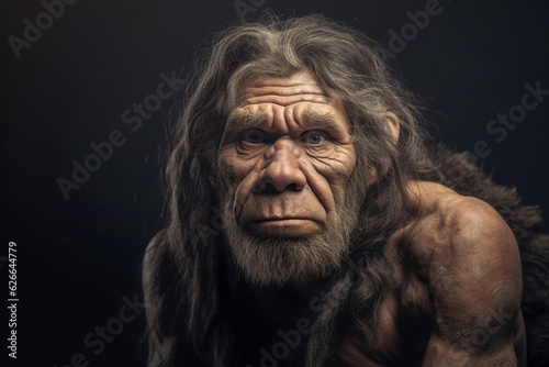 Portrait of a neanderthal man, prehistoric human, tribal caveman in a dark cave, hunter from prehistory era photo