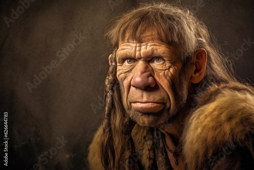 Portrait of a neanderthal man, prehistoric human, tribal caveman in a dark cave, hunter from prehistory era