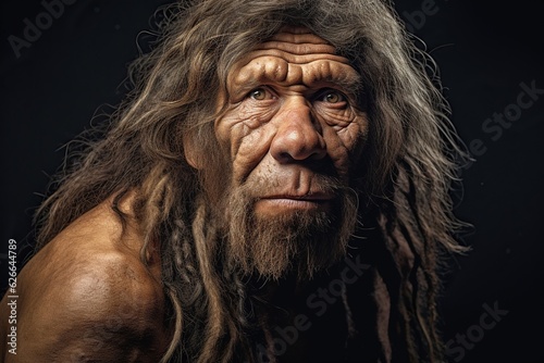 Portrait of a neanderthal man, prehistoric human, tribal caveman in a dark cave, hunter from prehistory era photo