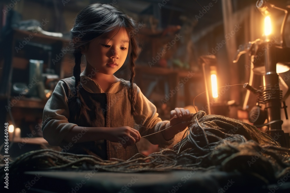 Child labour in asian factory, young girl forced to sew clothes under poor working conditions, concept of illegal industry and worker discrimination