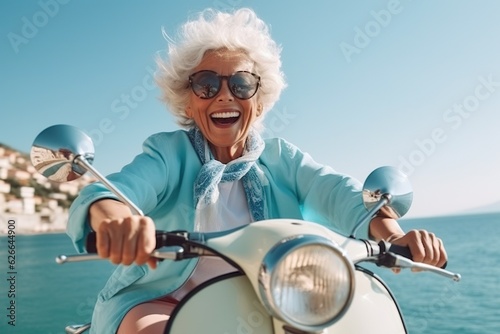 Cheerful senior woman riding blue scooter in Italy, retired granny enjoying summer vacation, trendy bike road trip