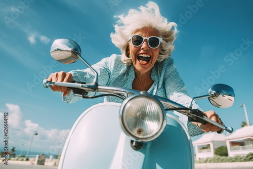 Cheerful senior woman riding blue scooter in Italy, retired granny enjoying summer vacation, trendy bike road trip