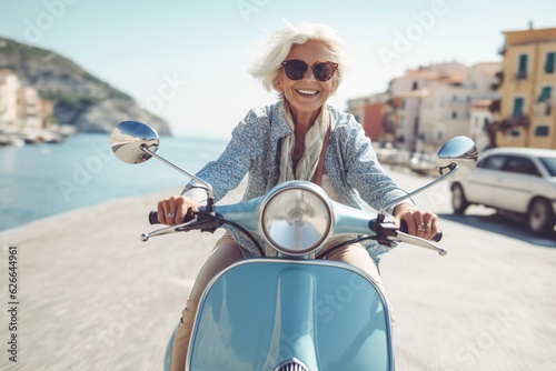 Cheerful senior woman riding blue scooter in Italy, retired granny enjoying summer vacation, trendy bike road trip