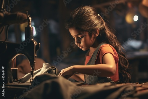 Child labour in asian factory, young girl forced to sew clothes under poor working conditions, concept of illegal industry and worker discrimination