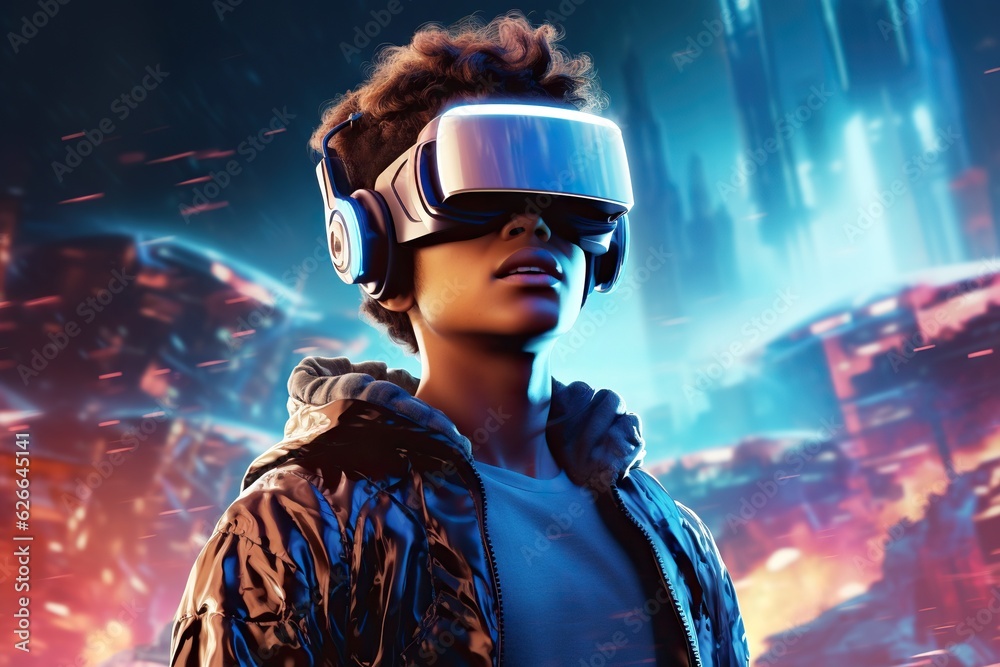 Teenager with VR headset exploring metaverse, playing video game in neon cyberpunk city street setting, immersive futuristic virtual reality experience Teenager with VR headset exploring metaverse, playing video game in neon cyberpunk city street setting, immersive futuristic virtual reality experience