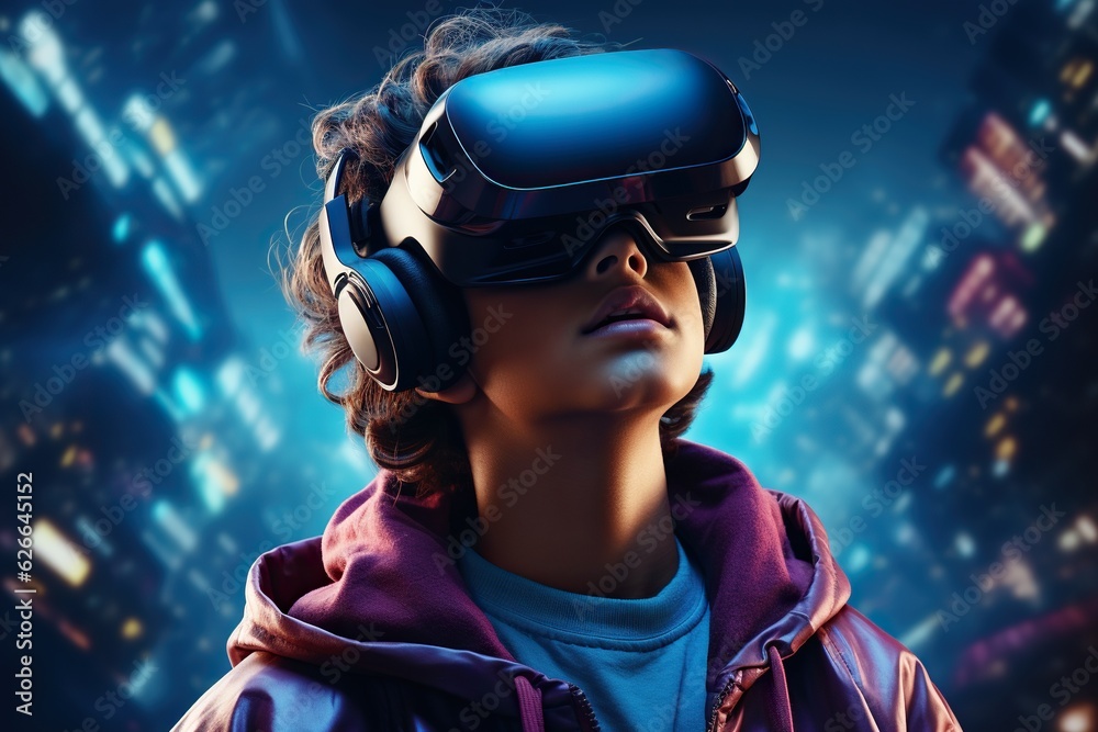 Teenager immersed in VR metaverse, playing video game with virtual reality headset on neon cyberpunk city street, experiencing futuristic technology Teenager immersed in VR metaverse, playing video game with virtual reality headset on neon cyberpunk city street, experiencing futuristic technology