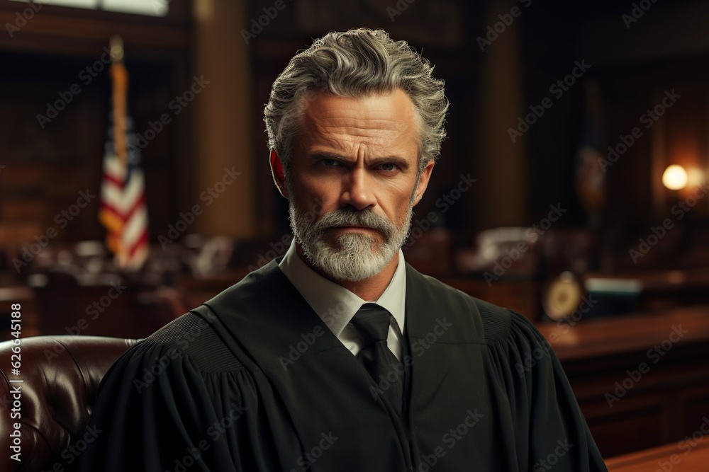 Portrait of a senior judge in robe, presiding over a trial in courtroom, handsome bearded man ensuring justice and delivering verdict in court Portrait of a senior judge in robe, presiding over a trial in courtroom, handsome bearded man ensuring justice and delivering verdict in court