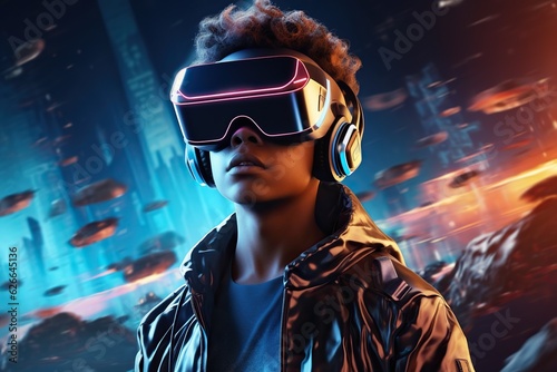 Teenager with VR headset exploring metaverse, playing video game in neon cyberpunk city street setting, immersive futuristic virtual reality experience