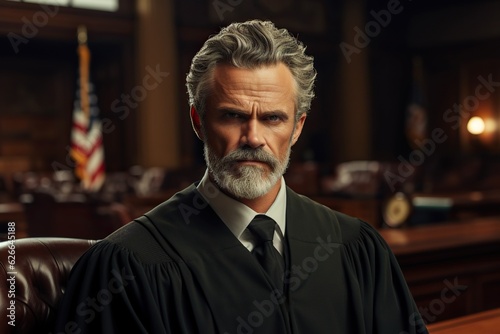 Portrait of a senior judge in robe, presiding over a trial in courtroom, handsome bearded man ensuring justice and delivering verdict in court