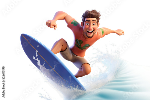 3D cartoon illustration of happy man surfing wave. Isolated transparent background