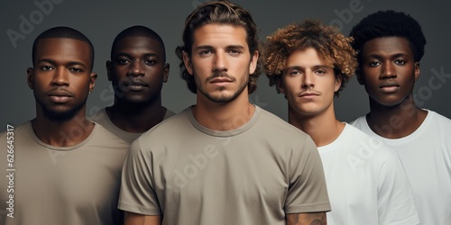 Diverse group of men standing together, confident multicultural male beauty in studio setting, diversity concept, isolated on gray background