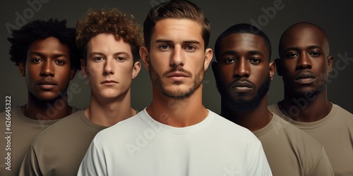 Diverse group of men standing together, confident multicultural male beauty in studio setting, diversity concept, isolated on gray background