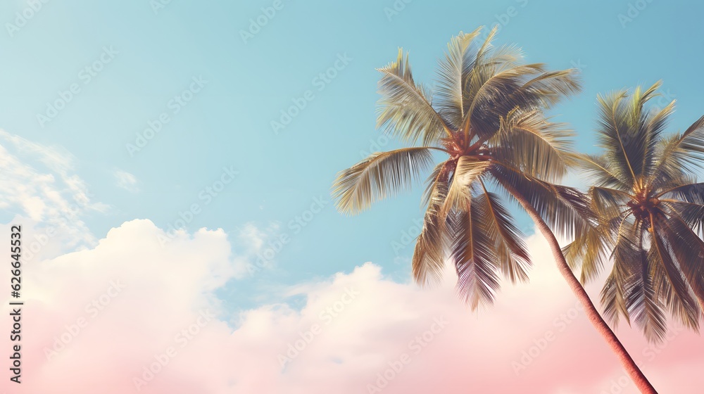 Beautiful gentle romantic summer landscape, sea coast under a clear sky. Palm trees. Vacation and tropical paradise. Generative AI.