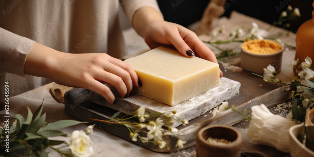 Hands of woman making natural handmade soap bars,  small business product, ai generated