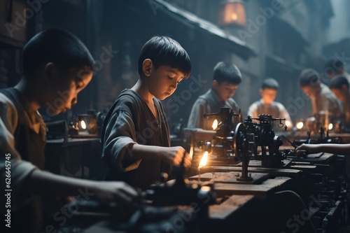 Child labour, group of young poor asian children forced to work in a dark dangerous factory, the tragic face of poverty and discrimination
