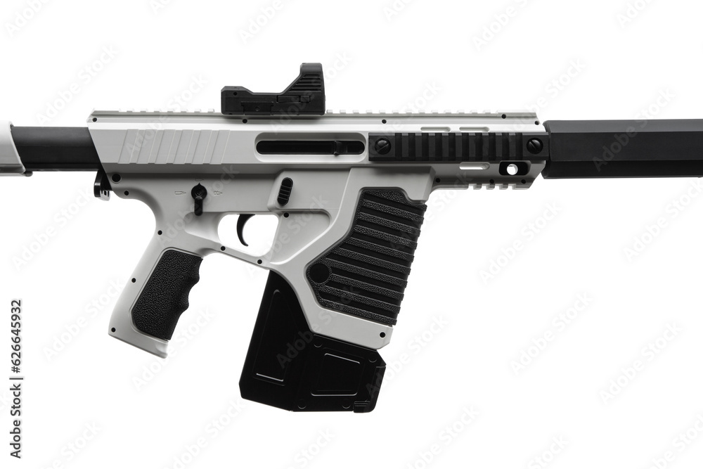 A modern air rifle with a futuristic design. Pneumatic weapons for sports and entertainment. Isolate on a white back A modern air rifle with a futuristic design. Pneumatic weapons for sports and entertainment. Isolate on a white back