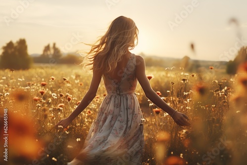 Young woman in dress enjoying summer freedom, walking in flower meadow at sunset, hand in wheat field, country sunshine, beauty of countryside © iridescentstreet