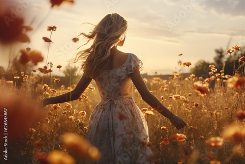 Young woman in dress enjoying summer freedom, walking in flower meadow at sunset, hand in wheat field, country sunshine, beauty of countryside