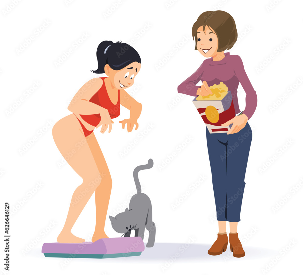 Woman weighs herself. Illustration for internet and mobile website.