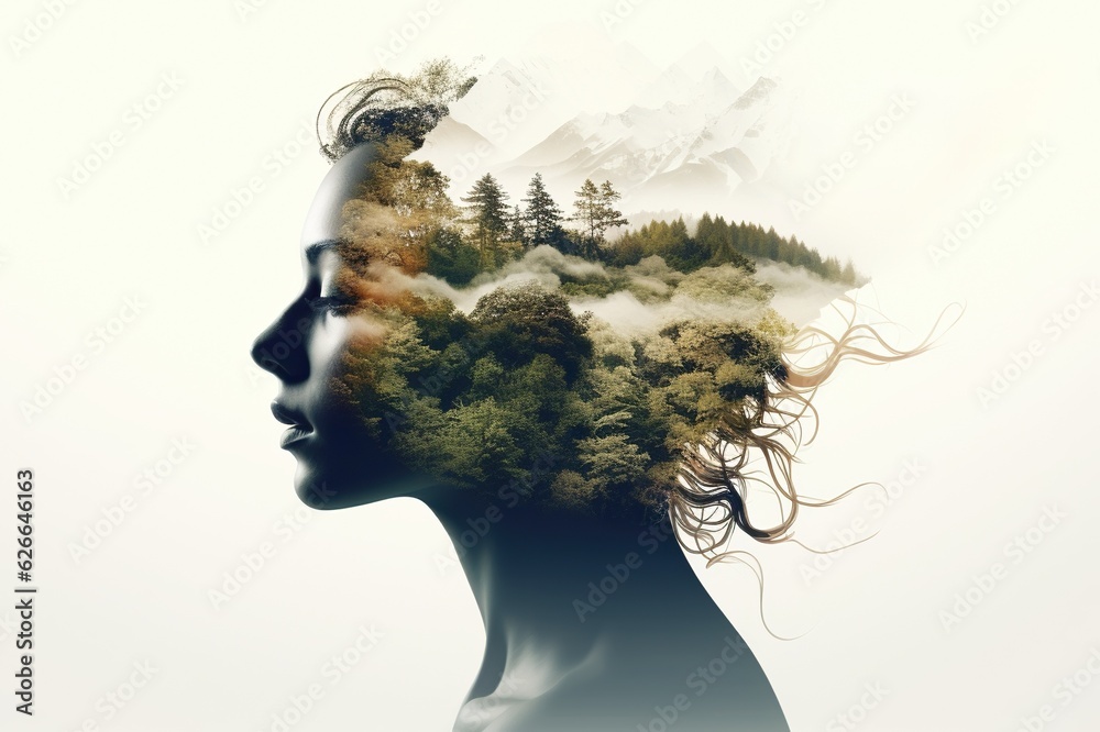 Double exposure portrait of woman blended with nature, forest trees ...