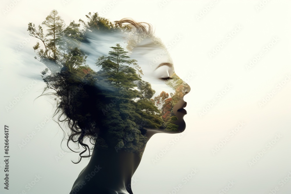 Double exposure portrait of woman blended with nature, forest trees ...