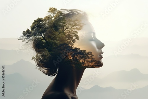 Double exposure portrait of woman blended with nature, forest trees form face, creative art of beauty and tranquility, abstract girl profile in green woods