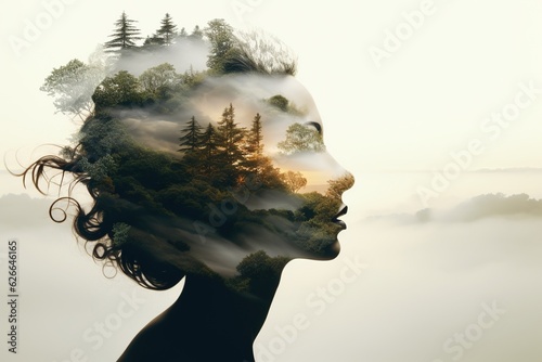 Double exposure portrait of woman blended with nature, forest trees form face, creative art of beauty and tranquility, abstract girl profile in green woods