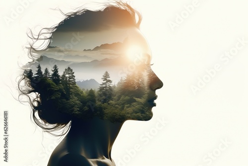 Double exposure portrait of woman blended with nature, forest trees form face, creative art of beauty and tranquility, abstract girl profile in green woods photo