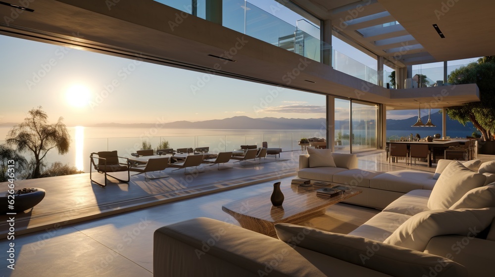Fototapeta premium Luxury home with modern pool at sunrise, contemporary villa architecture, resort style hotel with beautiful interior and exterior design, backyard view, summer vacation and real estate concept