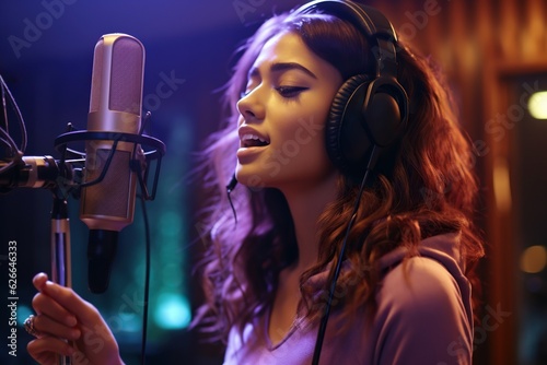 Beautiful young woman recording a song in neon record studio, singing, expressing her talent as a singer with headphones on