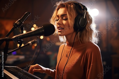 Young woman recording a song in record studio, singing, expressing her talent as a singer with headphones on
