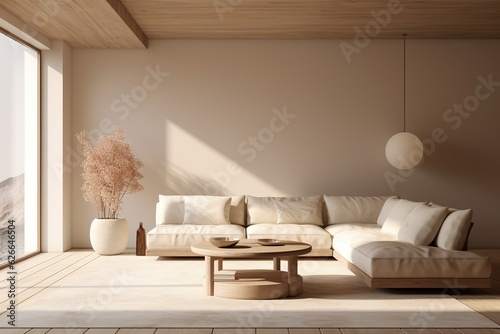 Japandi living room interior with cozy beige couch, modern minimalist design of apartment