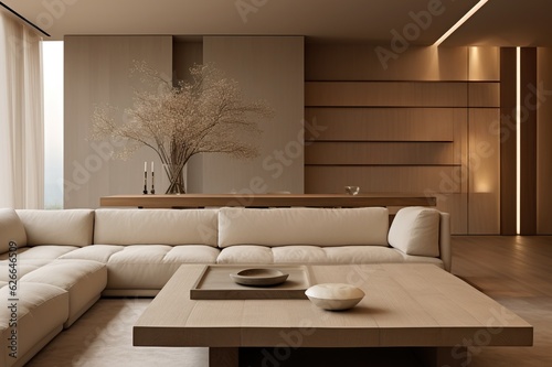 Japandi living room interior with cozy beige couch, modern minimalist design of apartment