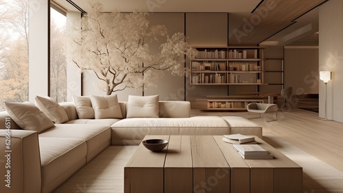 Japandi living room interior with cozy beige couch, modern minimalist design of apartment